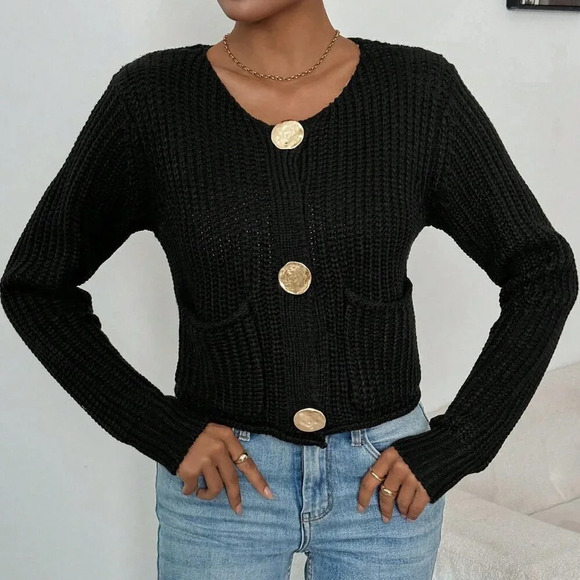 Black Casual Women's Crew Neck Front Button Up Long Sleeve Cardigan - Picture 5 of 5